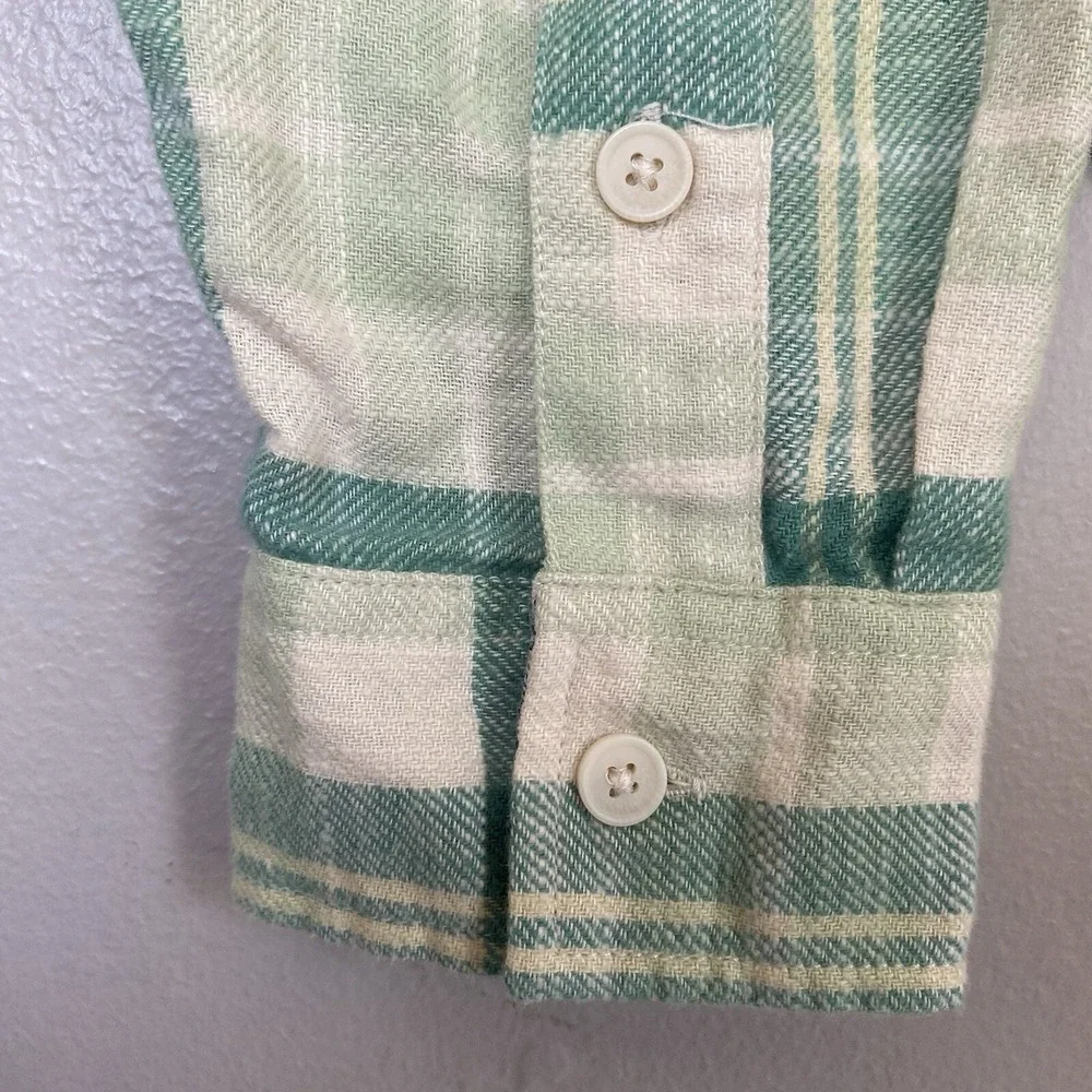 American Eagle Women Size M Button Up Shirt Flannel Cropped Green Cream Plaid - Picture 8 of 16